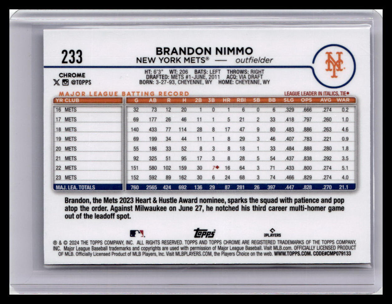 2024 Topps Chrome Logofractor Edition #233 Brandon Nimmo Purple 47/250