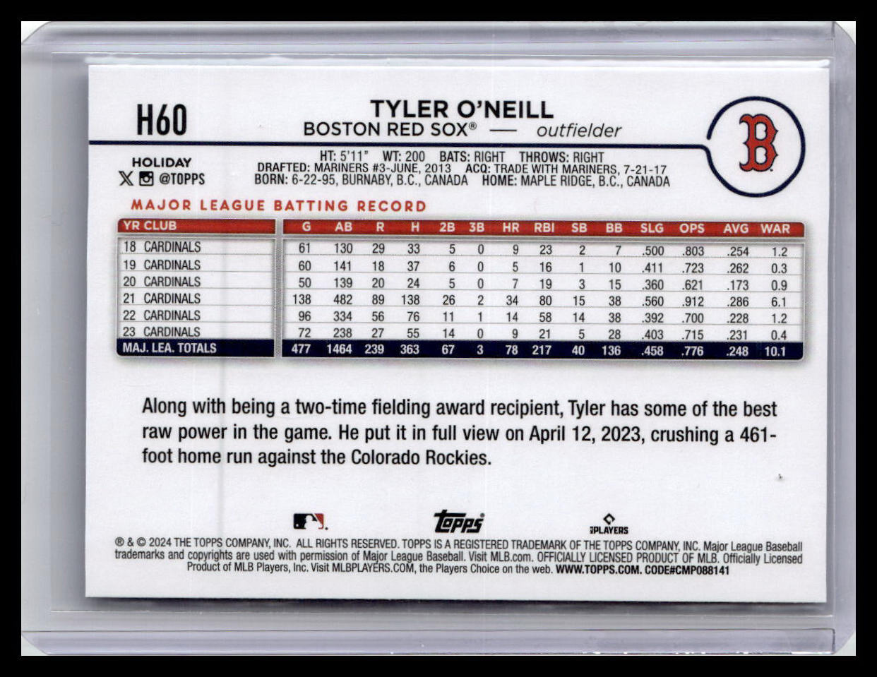 2024 Topps Holiday #H60 Tyler O'Neill