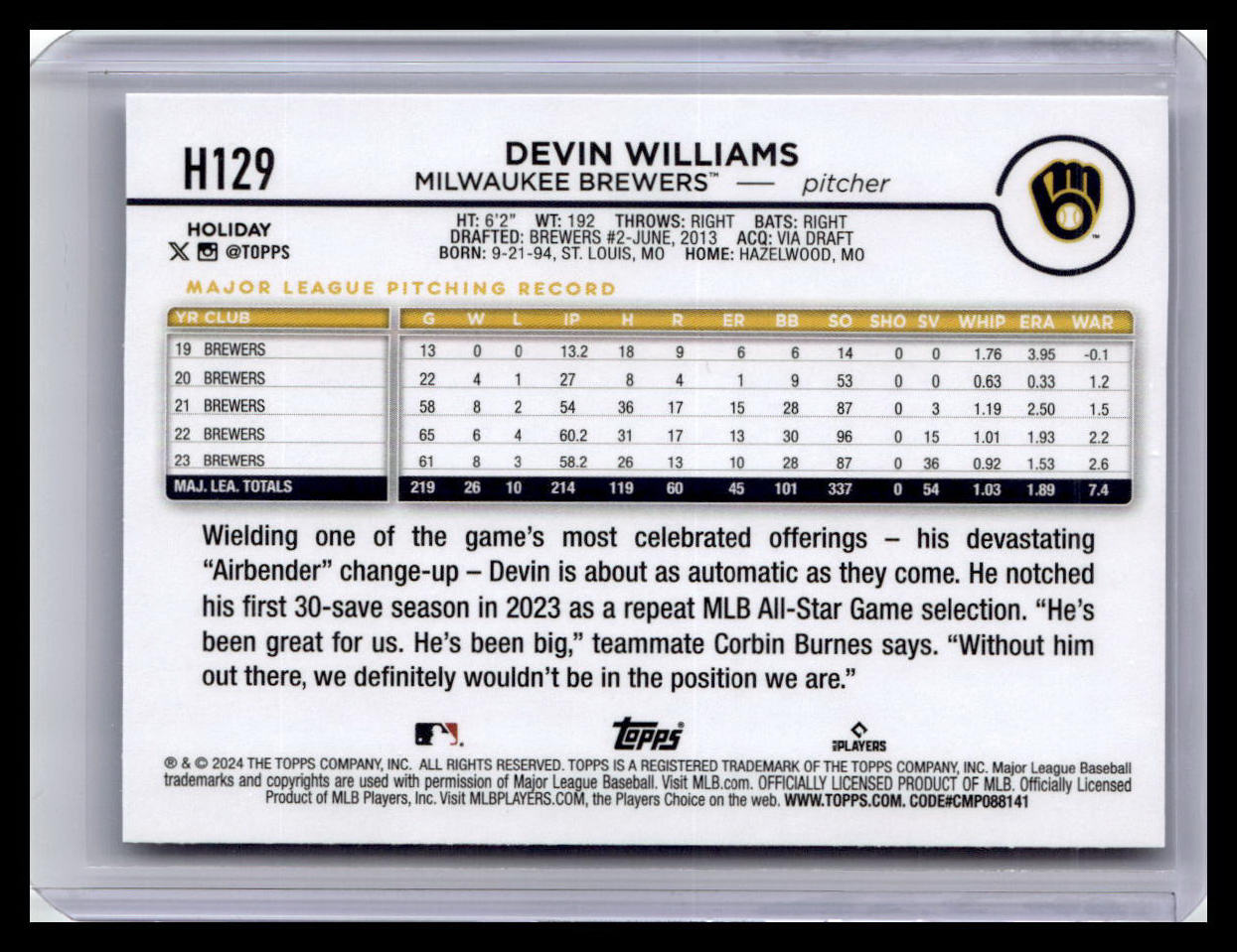 2024 Topps Holiday #H129 Devin Williams