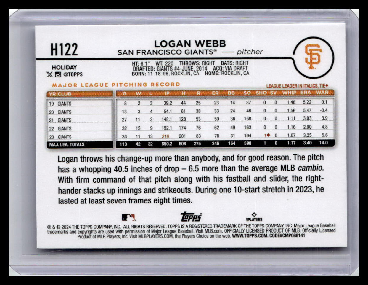 2024 Topps Holiday #H122 Logan Webb