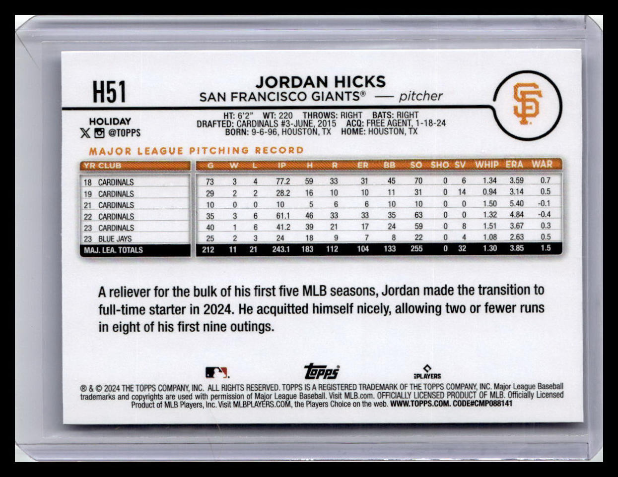 2024 Topps Holiday #H51 Jordan Hicks