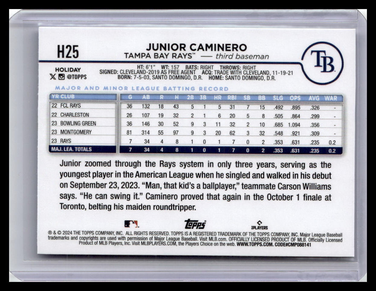 2024 Topps Holiday #H25 Junior Caminero
