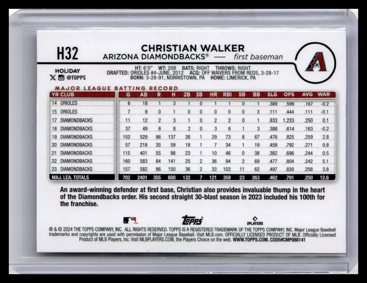 2024 Topps Holiday #H32 Christian Walker