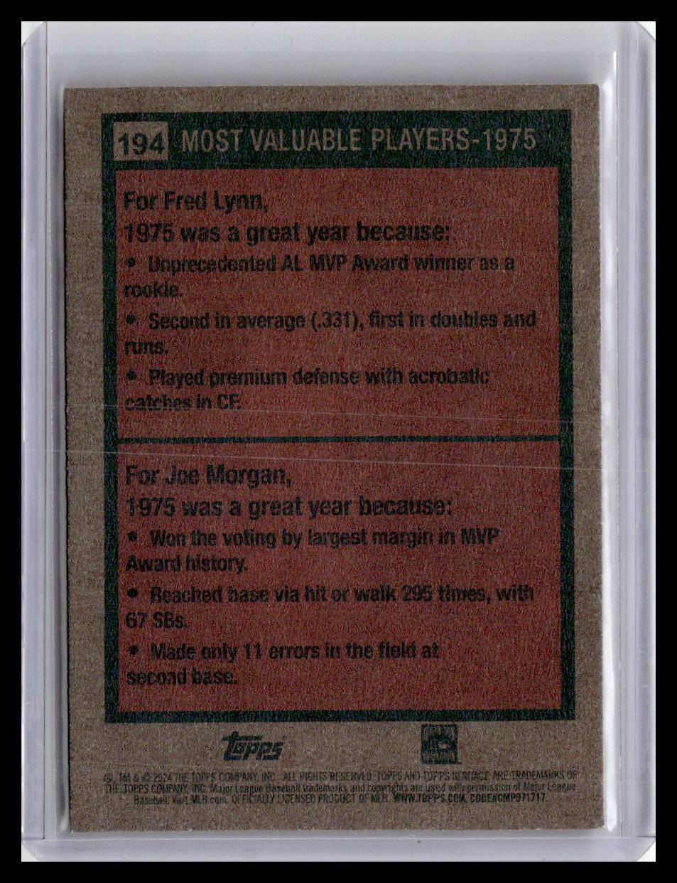 2024 Topps Heritage #194 1975 MVPs (Fred Lynn / Joe Morgan)