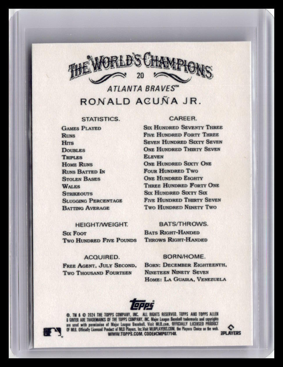 2024 Topps Allen & Ginter #20 Ronald Acuña Jr.