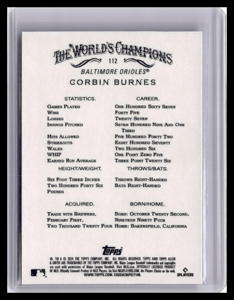 2024 Topps Allen & Ginter #112 Corbin Burnes
