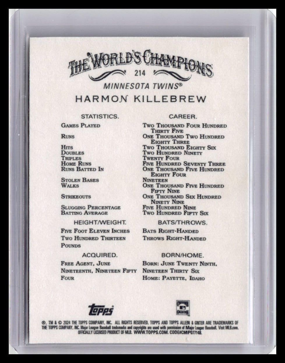 2024 Topps Allen & Ginter #214 Harmon Killebrew