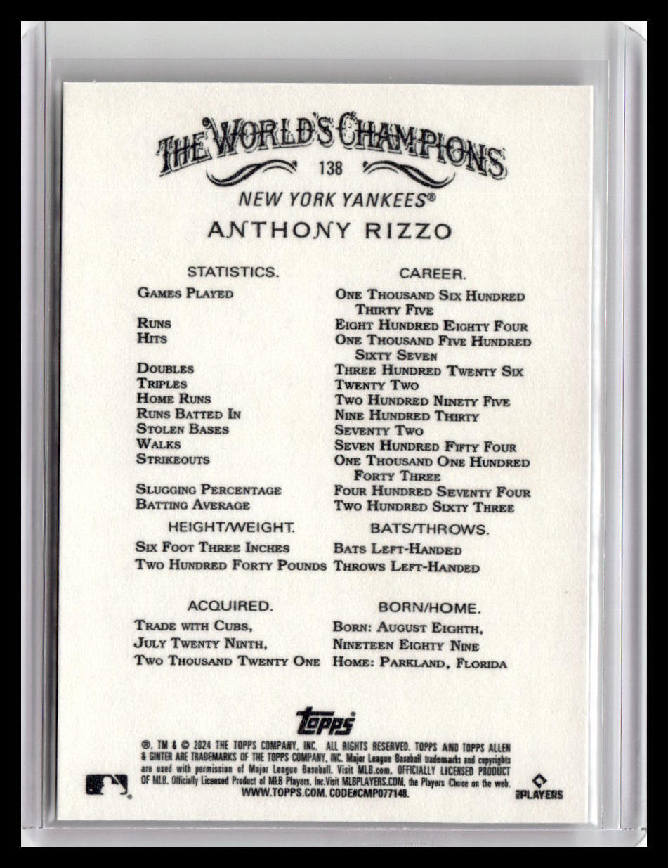 2024 Topps Allen & Ginter #138 Anthony Rizzo