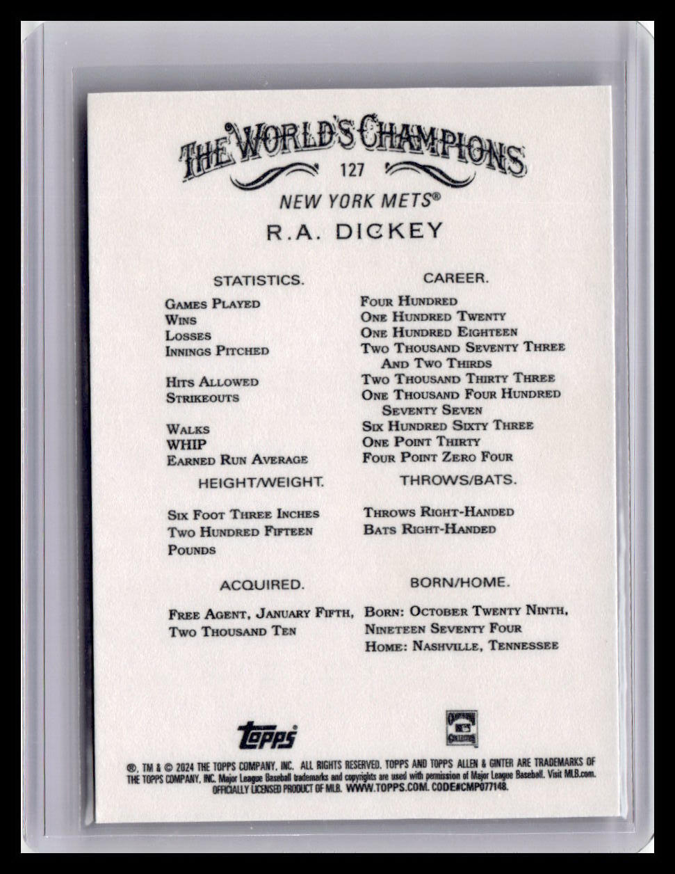 2024 Topps Allen & Ginter #127 R.A. Dickey