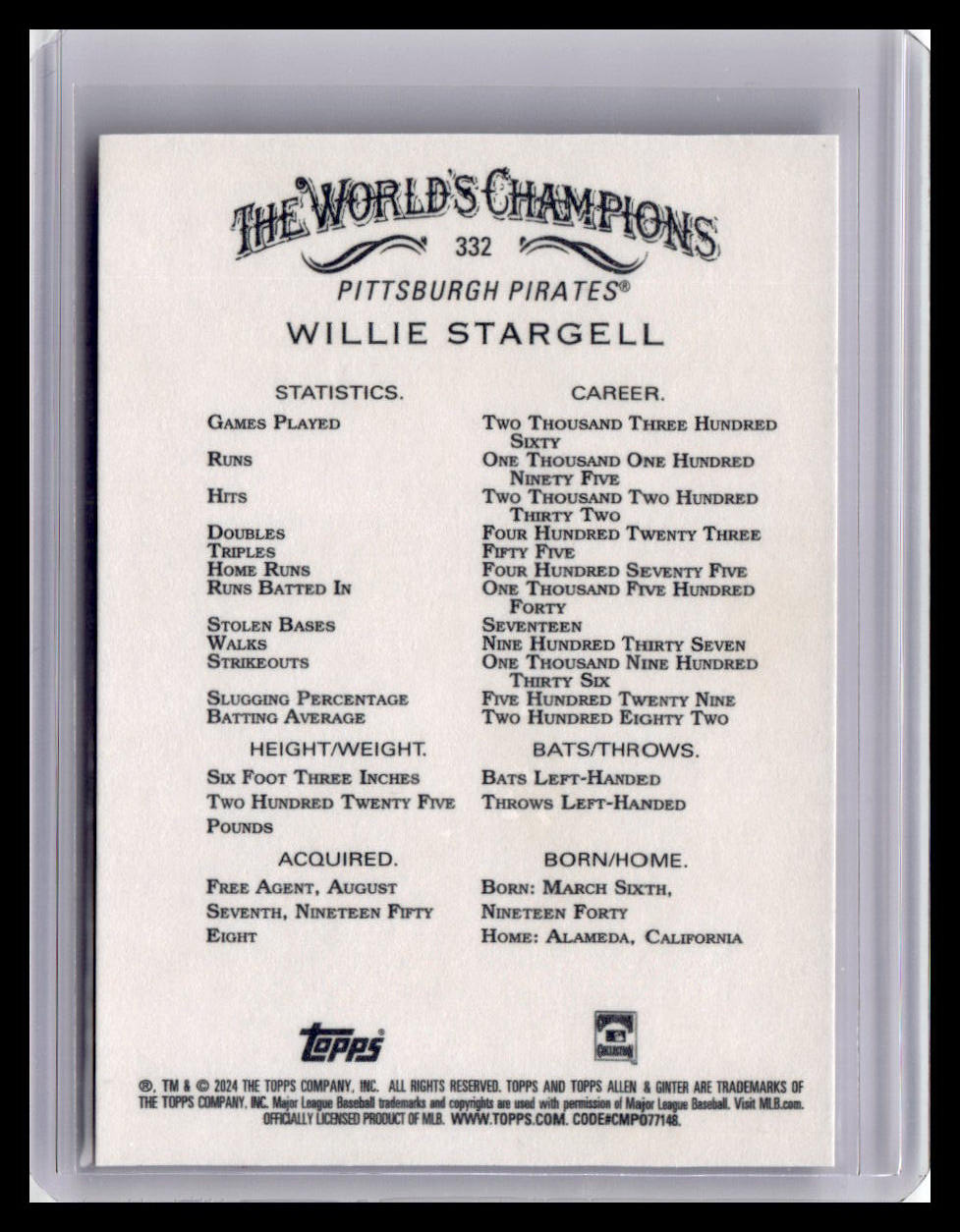 2024 Topps Allen & Ginter #332 Willie Stargell
