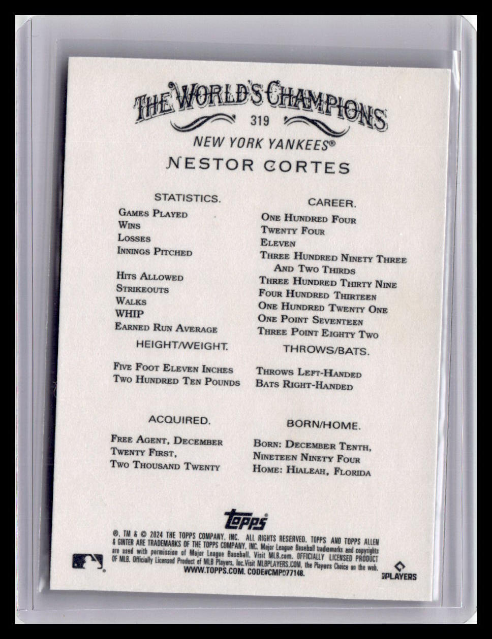 2024 Topps Allen & Ginter #319 Nestor Cortes
