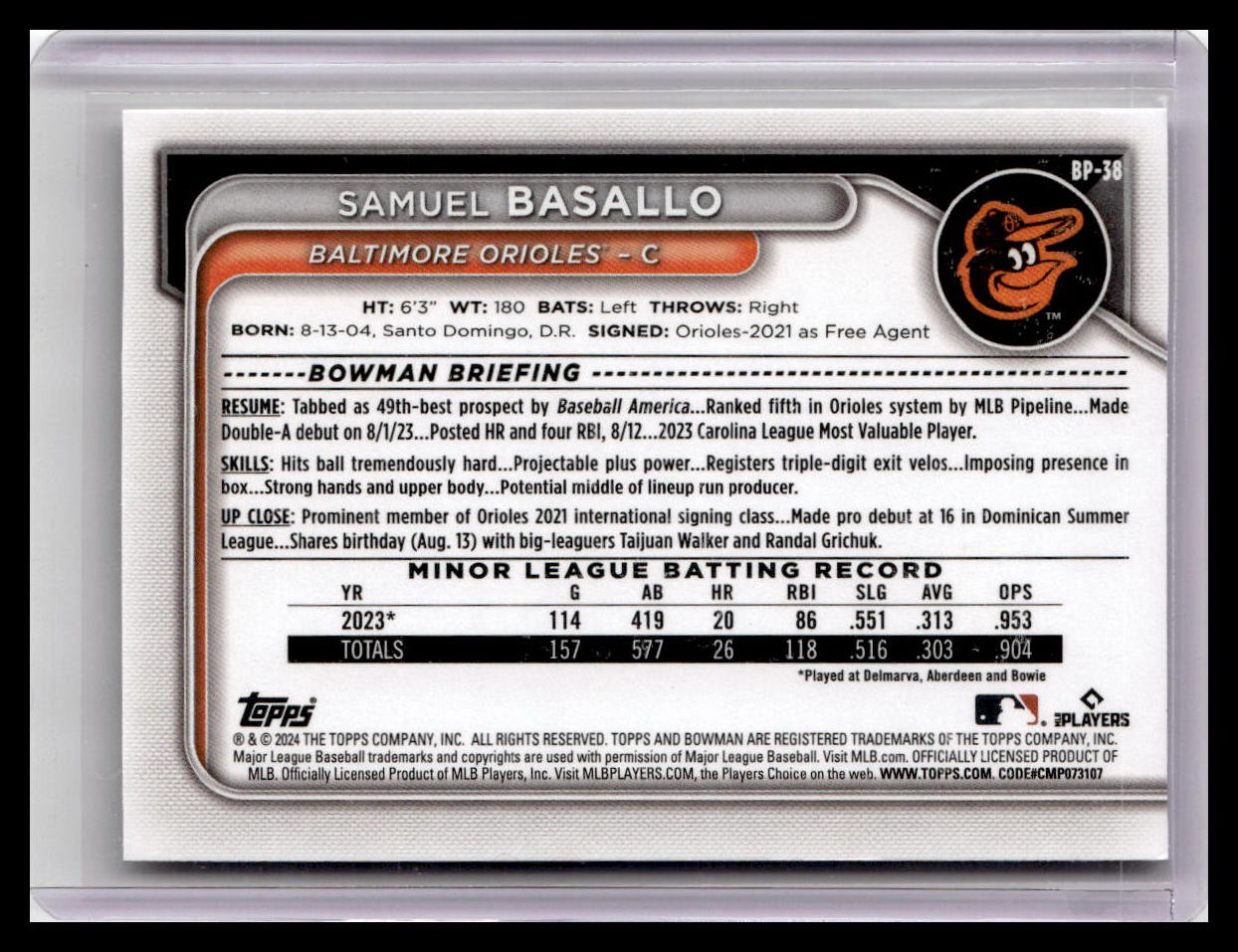 2024 Bowman #BP-38 Samuel Basallo Prospects