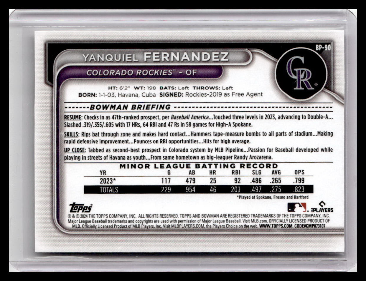 2024 Bowman #BP-90 Yanquiel Fernandez Prospects