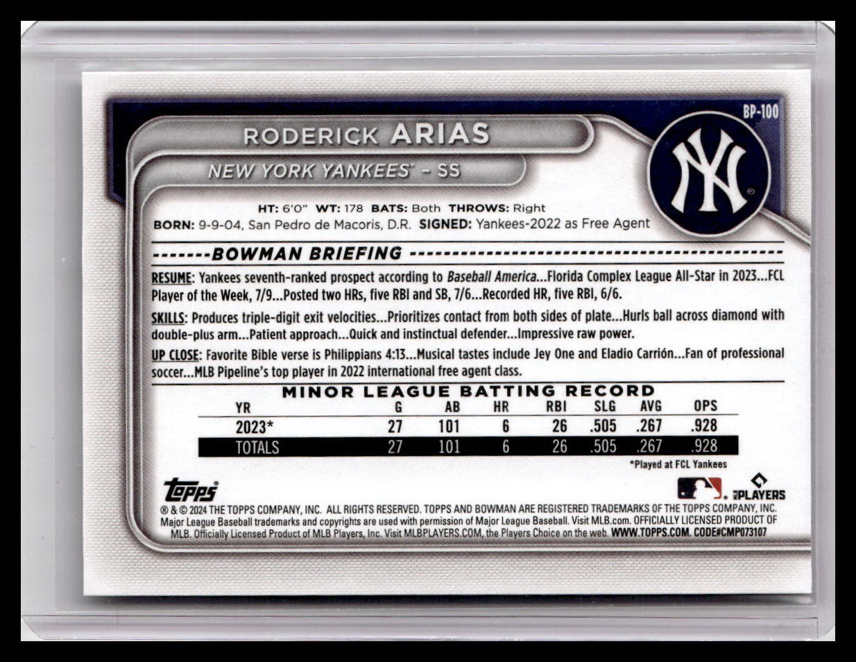2024 Bowman #BP-100 Roderick Arias Prospects