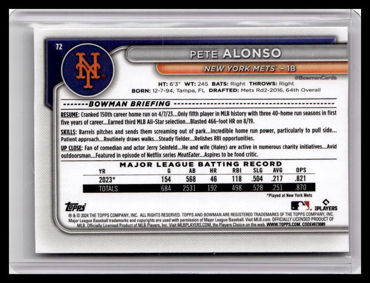 2024 Bowman #72 Pete Alonso Purple #/250