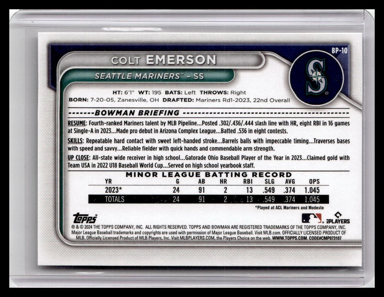 2024 Bowman #BP-10 Colt Emerson Prospects