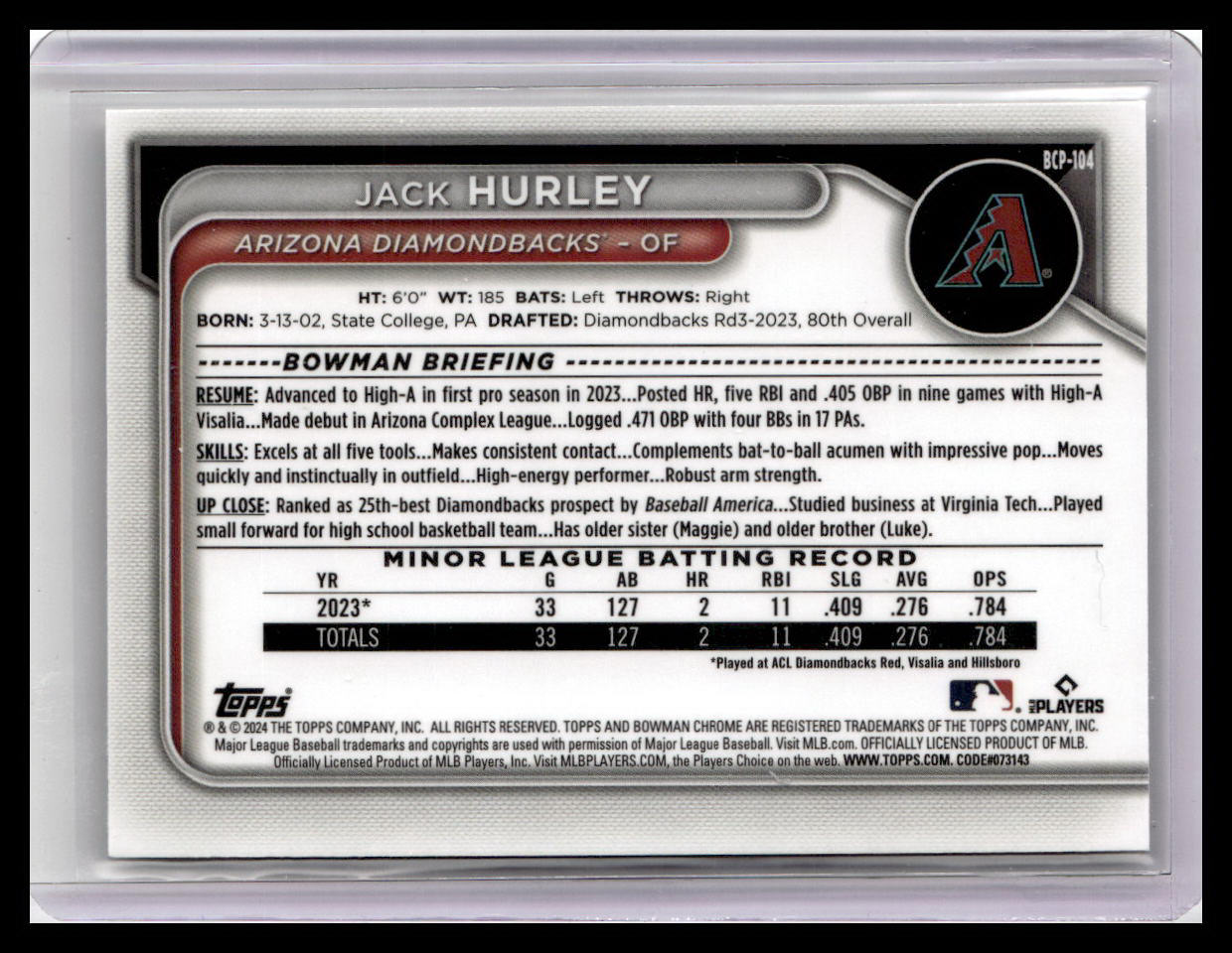 2024 Bowman #BCP-104 Jack Hurley Chrome Prospects