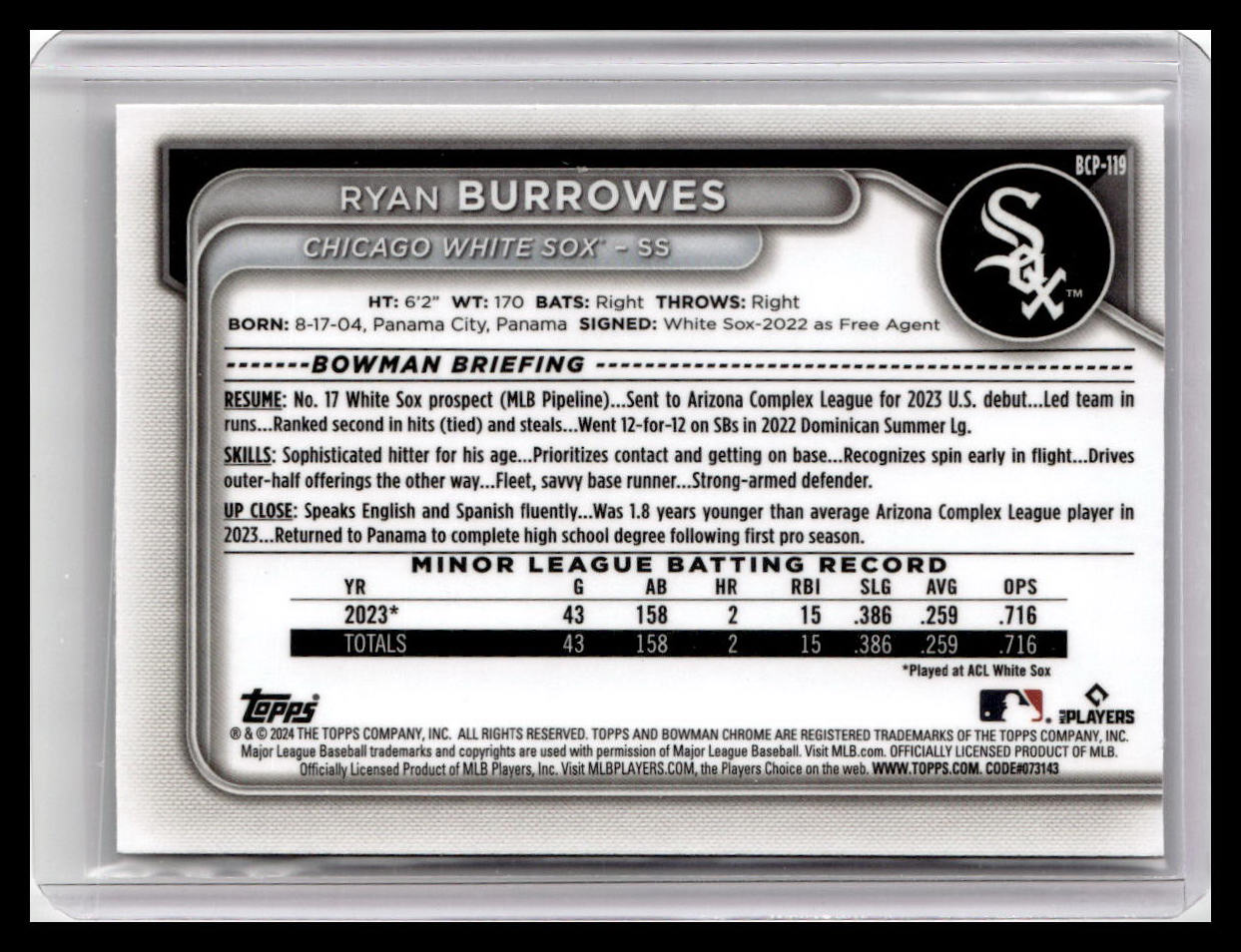 2024 Bowman #BCP-119 Ryan Burrowes Chrome Prospects