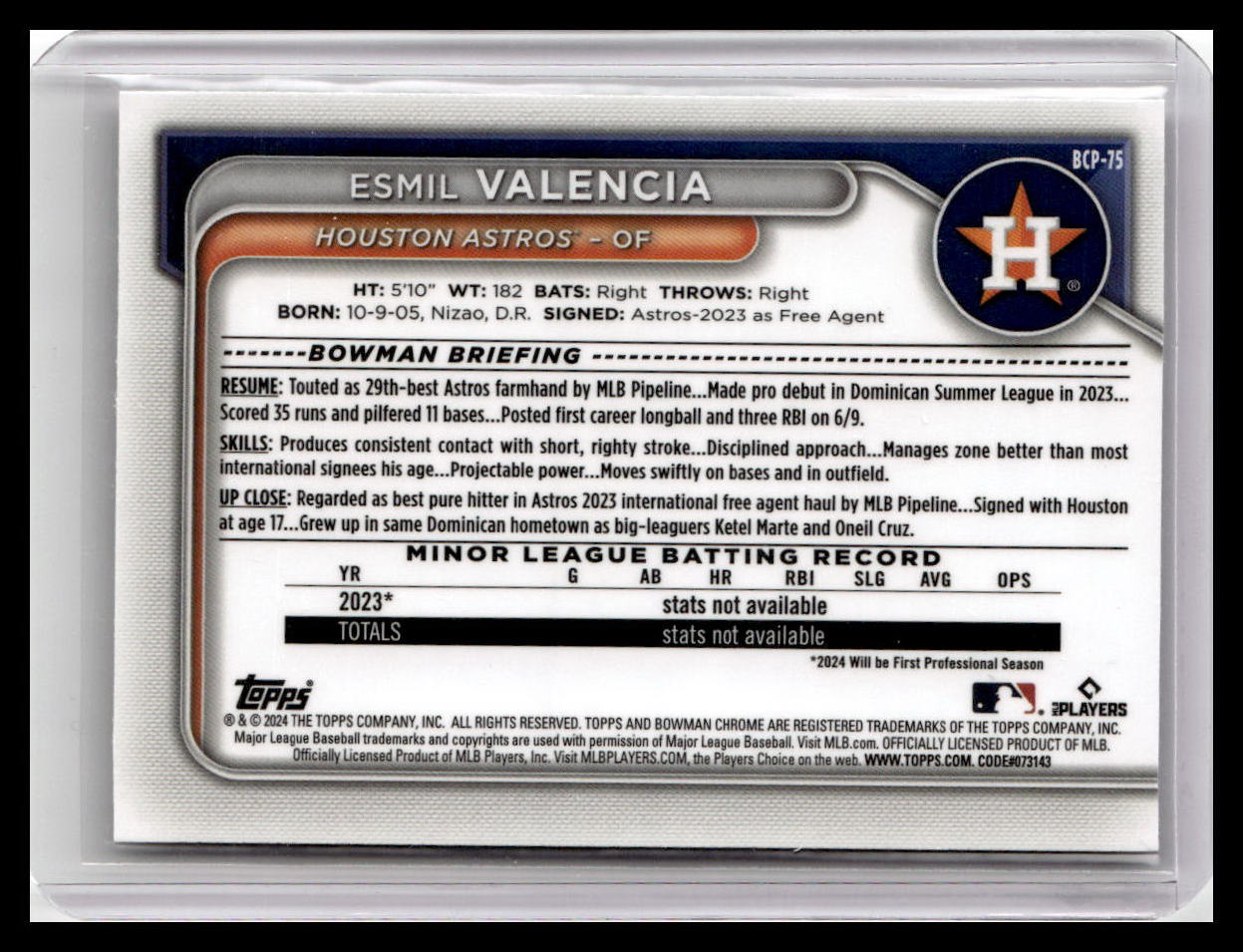 2024 Bowman #BCP-75 Esmil Valencia Chrome Prospects