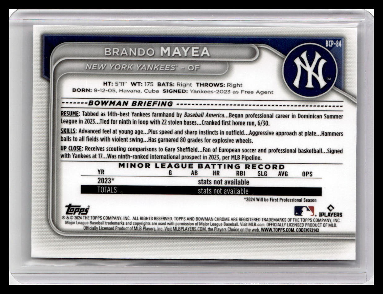 2024 Bowman #BCP-84 Brando Mayea Chrome Prospects