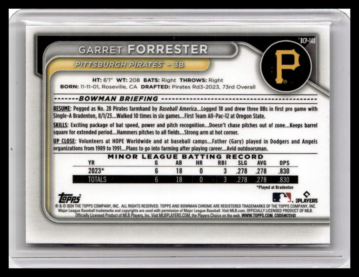 2024 Bowman #BCP-148 Garret Forrester Chrome Prospects