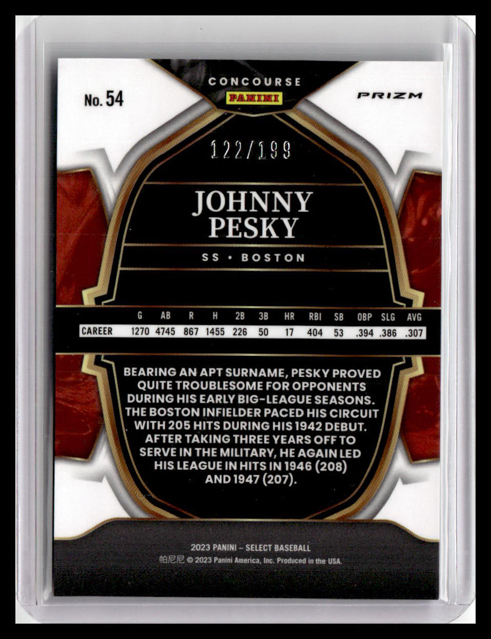 2023 Panini Select #54 Johnny Pesky Green/White/Purple Prizm #/199