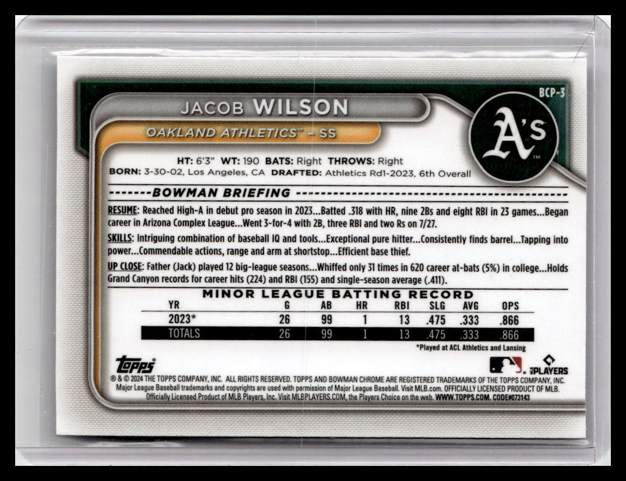 2024 Bowman #BCP-3 Jacob Wilson Chrome Prospects
