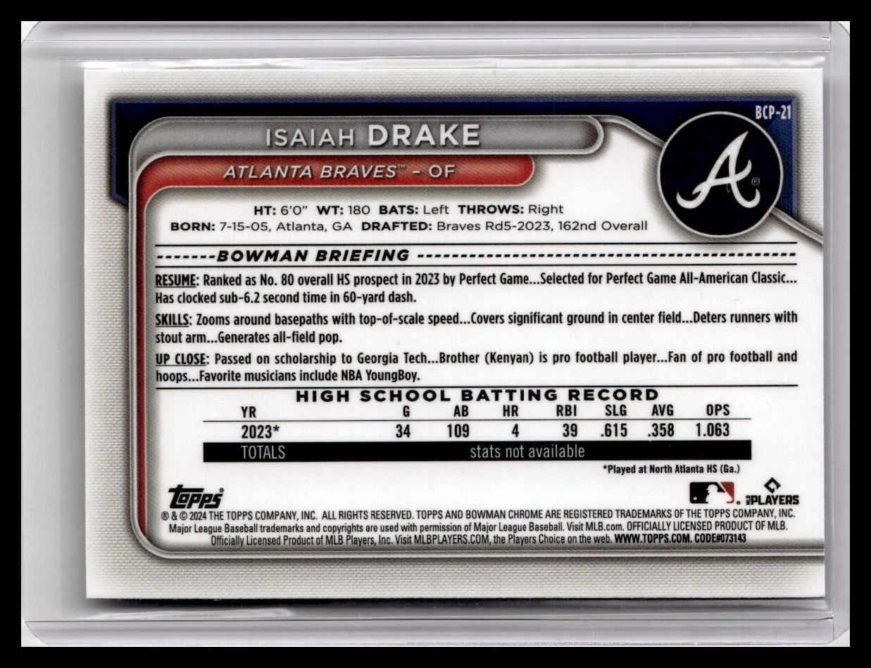 2024 Bowman #BCP-21 Isaiah Drake Chrome Prospects