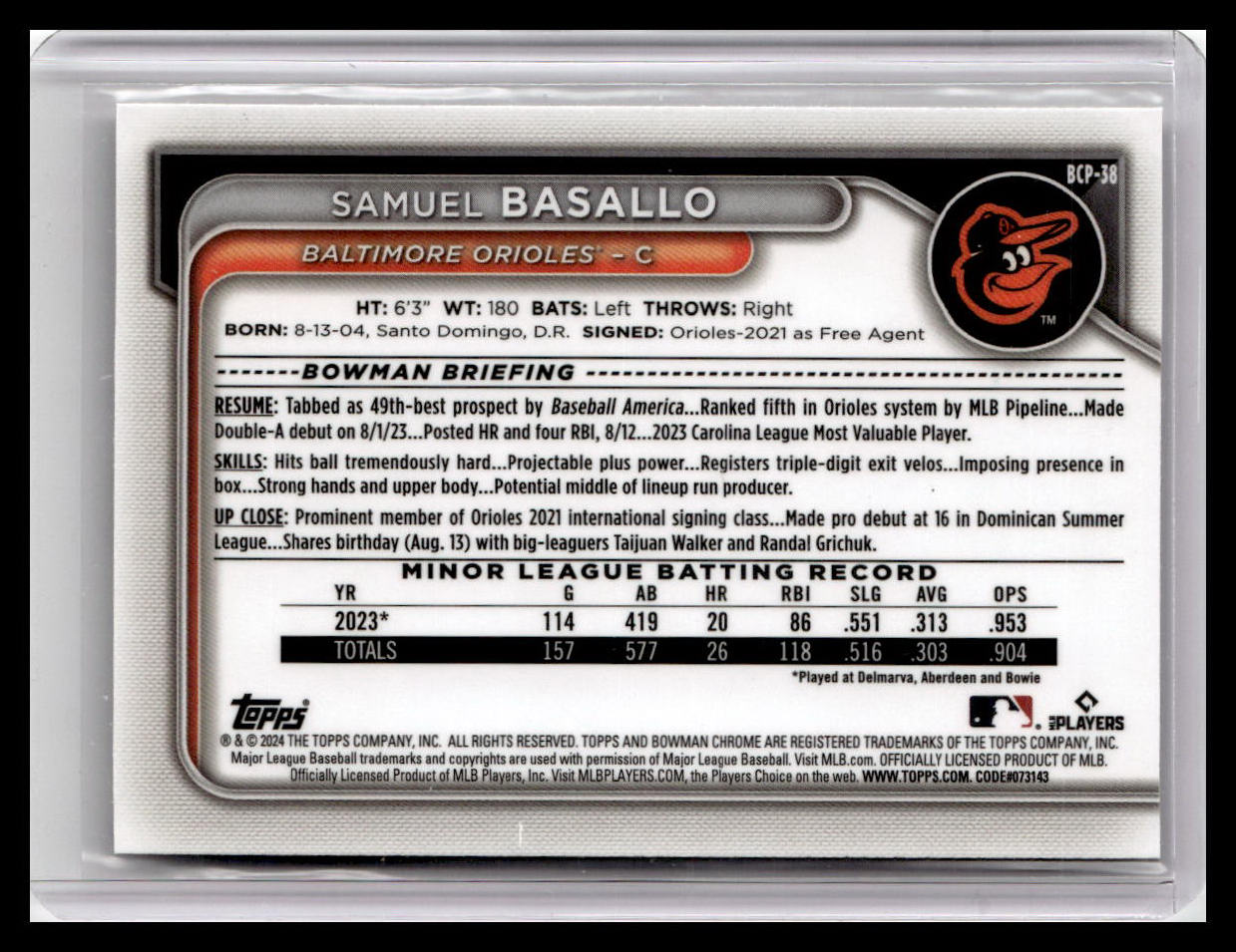 2024 Bowman #BCP-38 Samuel Basallo Chrome Prospects