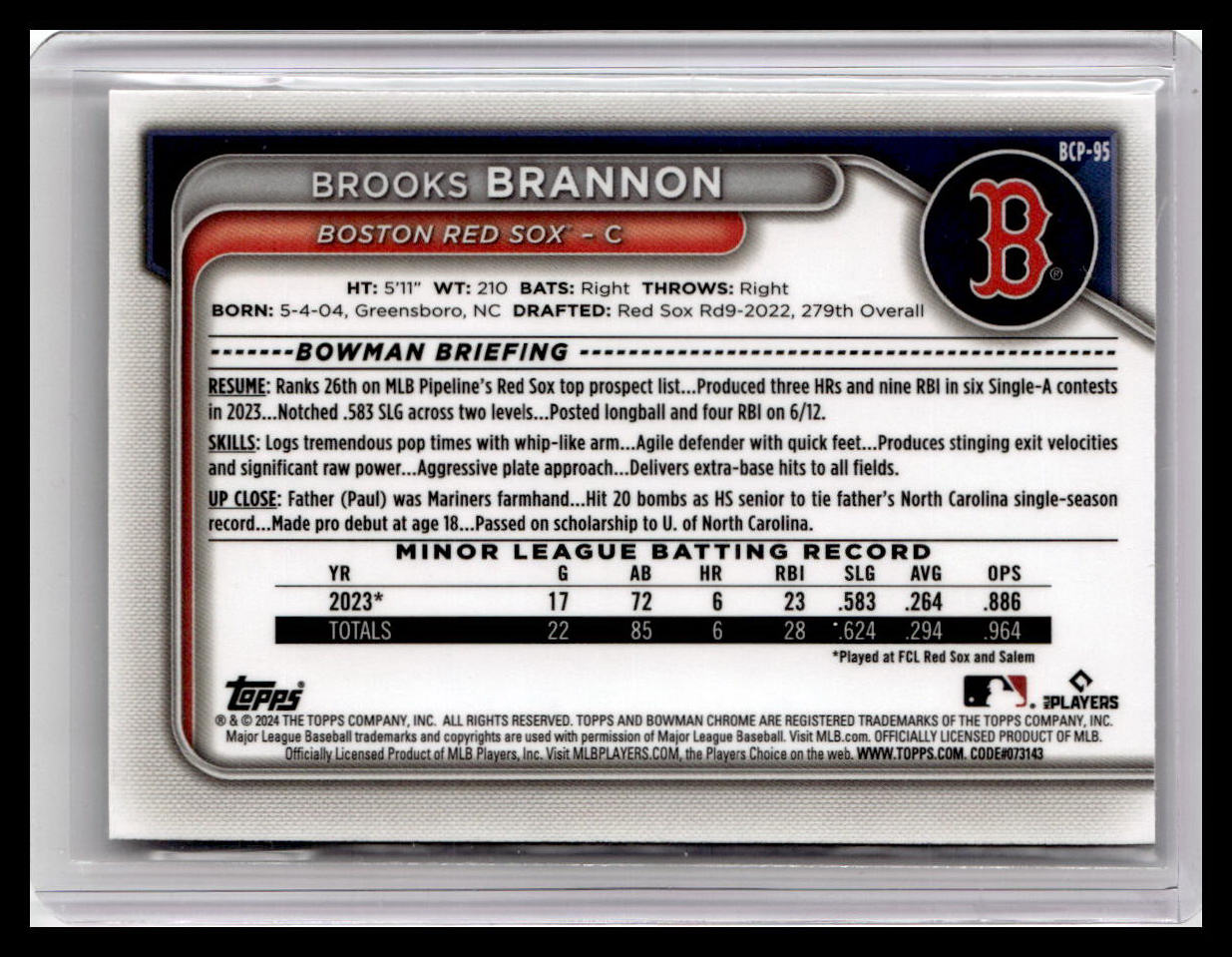 2024 Bowman #BCP-95 Brooks Brannon Chrome Prospects