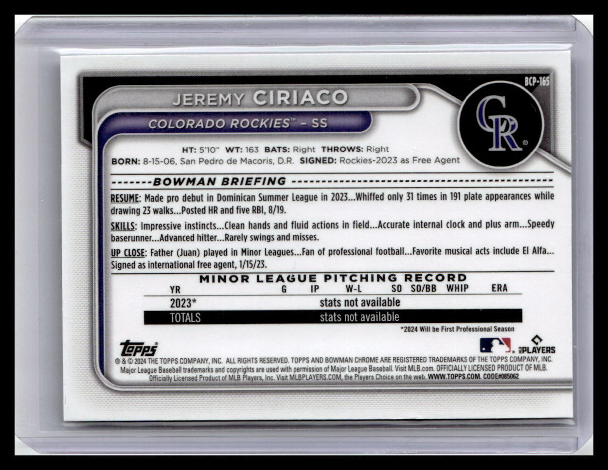 2024 Bowman Chrome #BCP-165 Jeremy Ciriaco Prospects