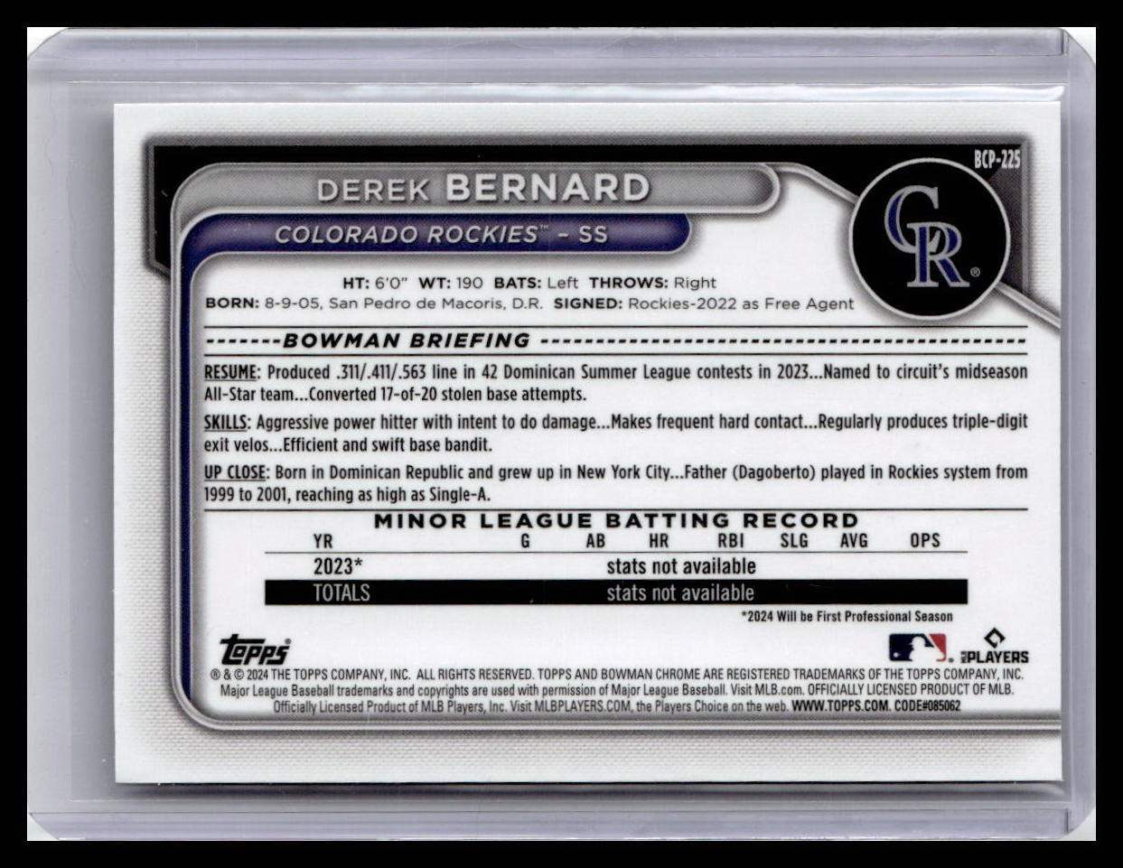 2024 Bowman Chrome #BCP-225 Derek Bernard Prospects