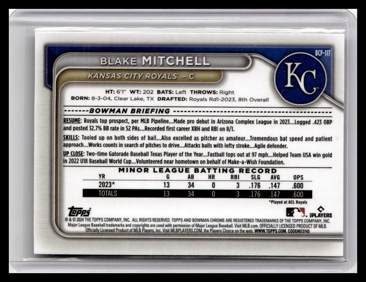2024 Bowman #BCP-117 Blake Mitchell Chrome Prospects