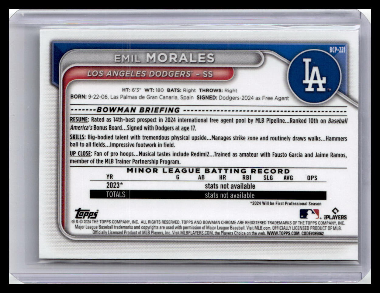 2024 Bowman Chrome #BCP-221 Emil Morales Prospects