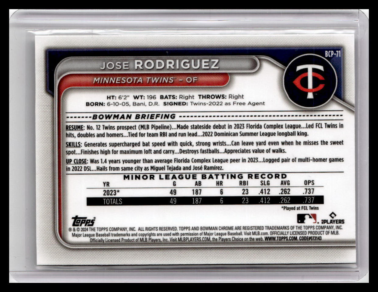 2024 Bowman #BCP-71 Jose Rodriguez Chrome Prospects
