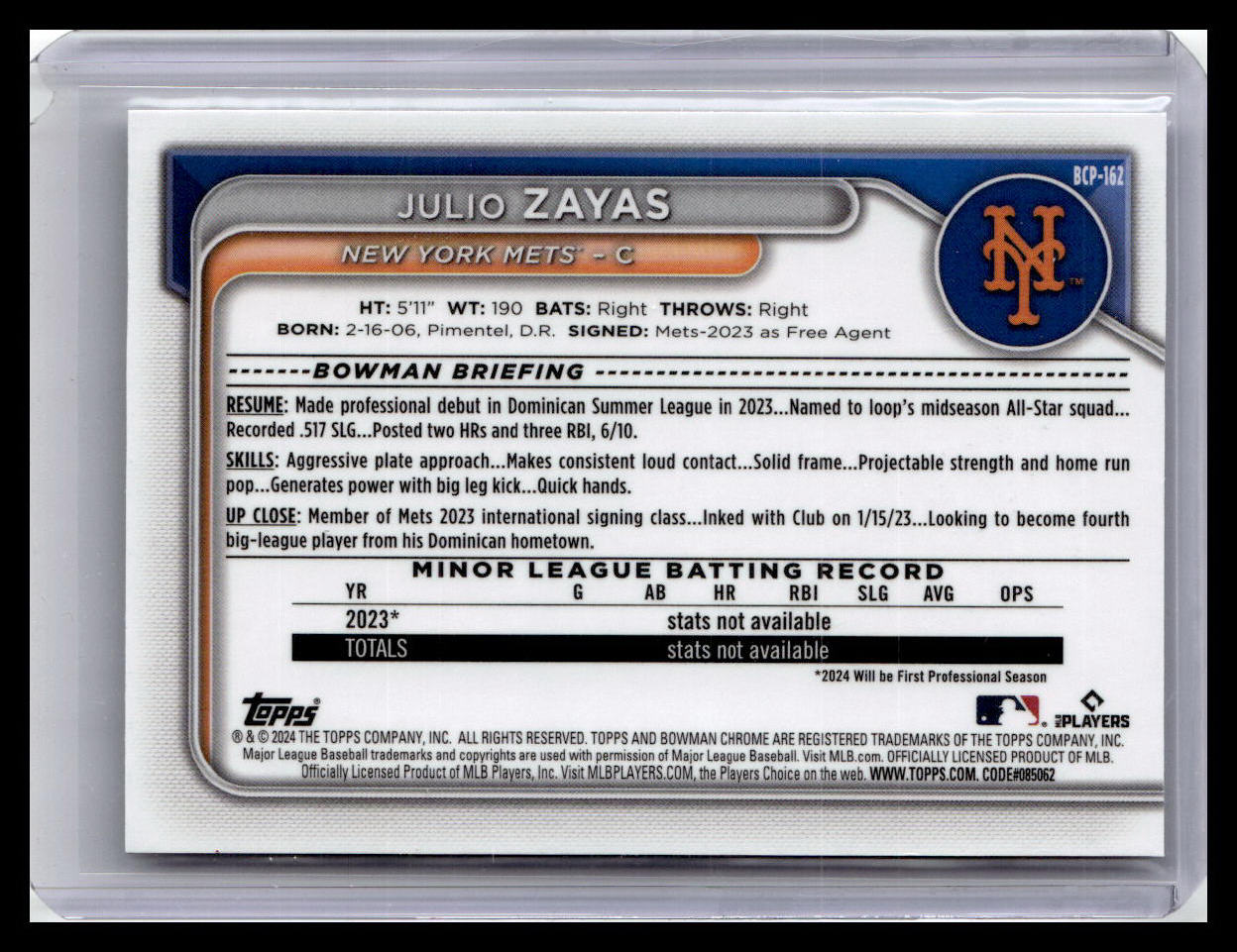 2024 Bowman Chrome #BCP-162 Julio Zayas Prospects