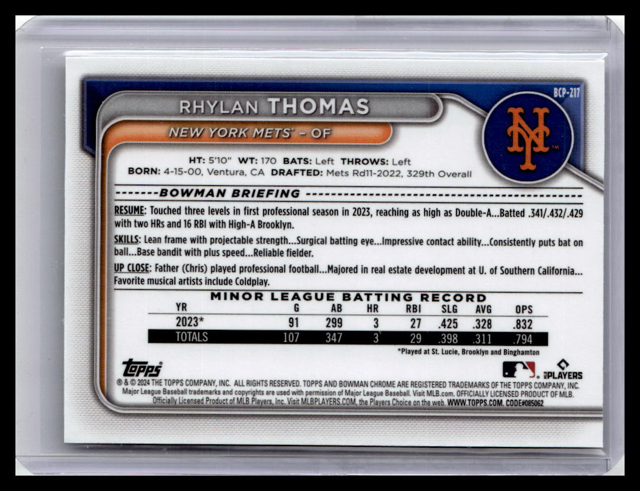 2024 Bowman Chrome #BCP-217 Rhylan Thomas Prospects