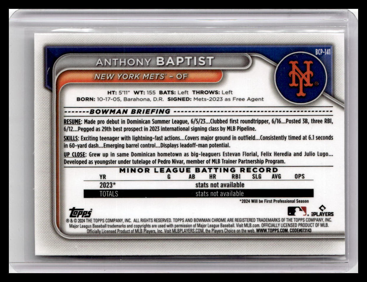 2024 Bowman #BCP-141 Anthony Baptist Chrome Prospects