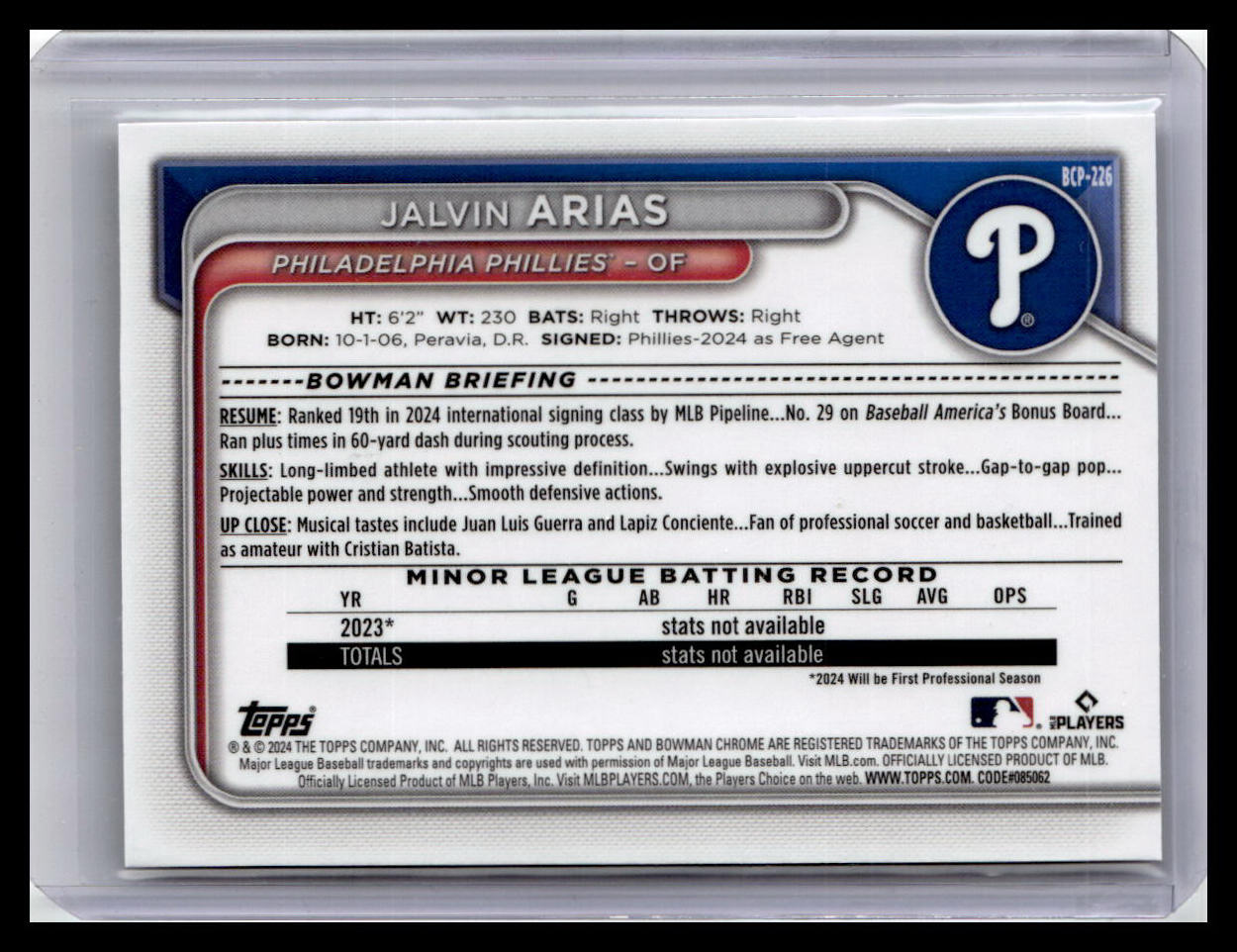 2024 Bowman Chrome #BCP-226 Jalvin Arias Prospects