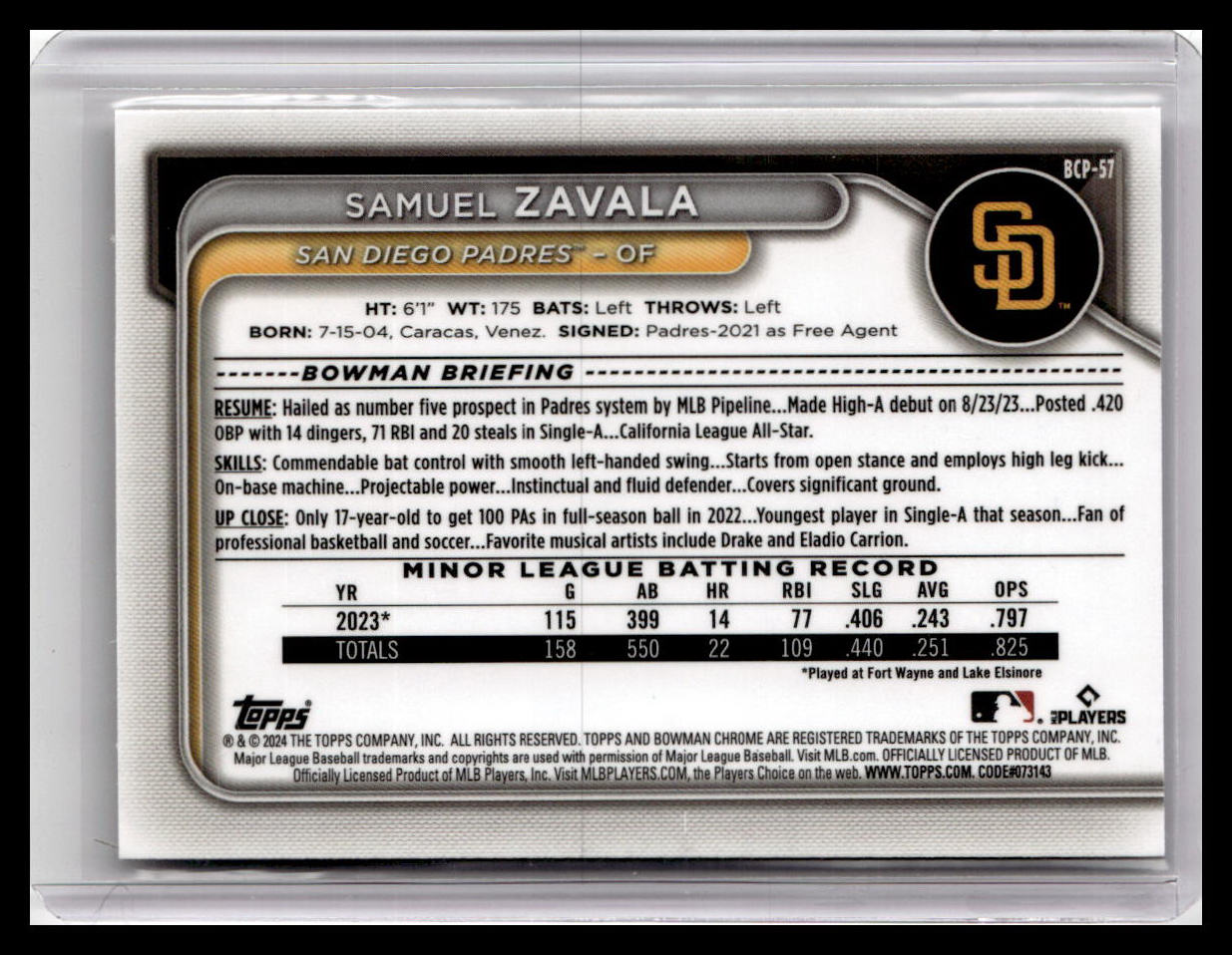 2024 Bowman #BCP-57 Samuel Zavala Chrome Prospects