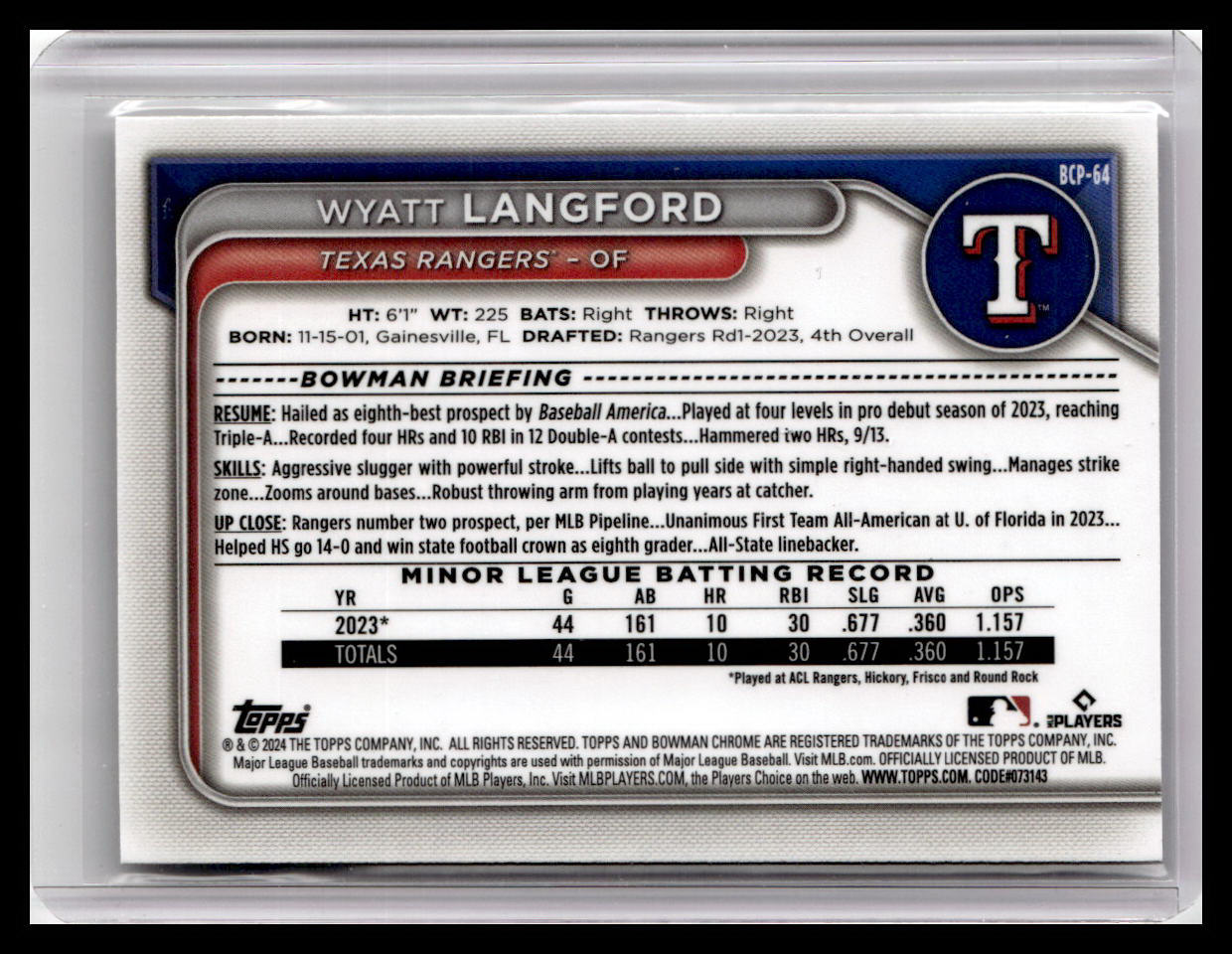 2024 Bowman #BCP-64 Wyatt Langford Chrome Prospects