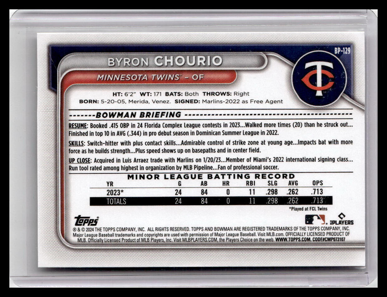2024 Bowman #BP-129 Byron Chourio Prospects