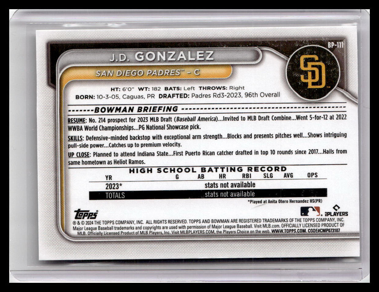 2024 Bowman #BP-111 J.D. Gonzalez Prospects