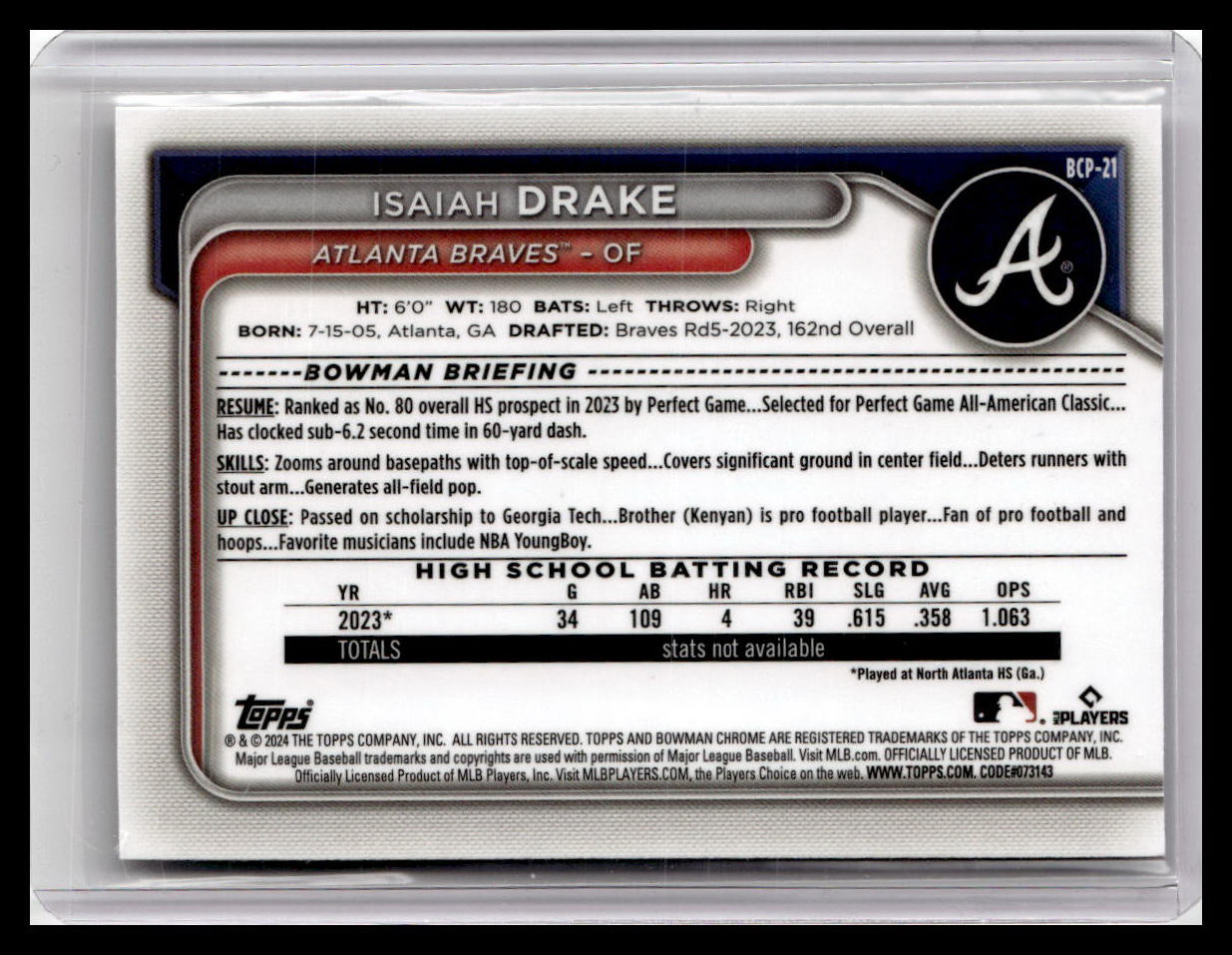 2024 Bowman #BCP-21 Isaiah Drake Chrome Prospects 1st Bowman