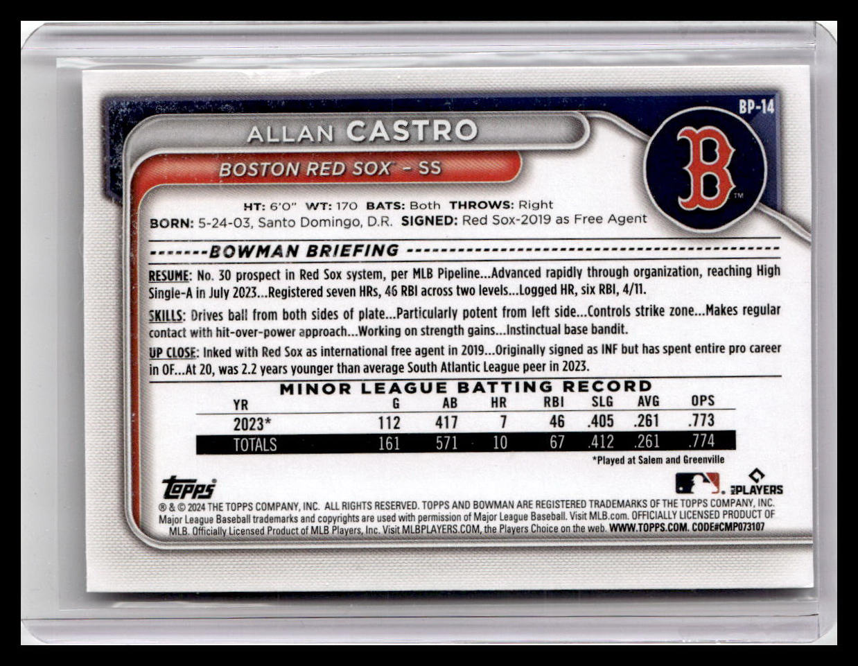 2024 Bowman #BP-14 Allan Castro Prospects 1st Bowman