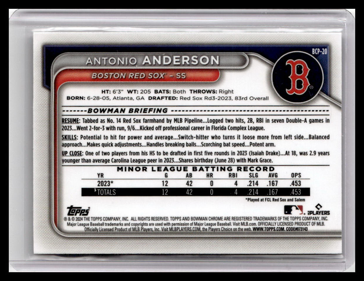 2024 Bowman #BCP-20 Antonio Anderson Chrome Prospects 1st Bowman
