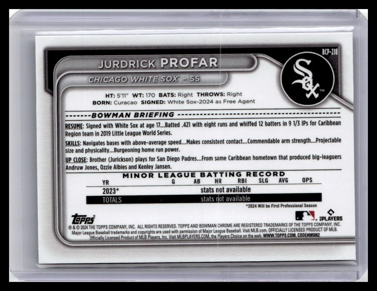 2024 Bowman Chrome #BCP-218 Jurdrick Profar Prospects 1st Bowman 1