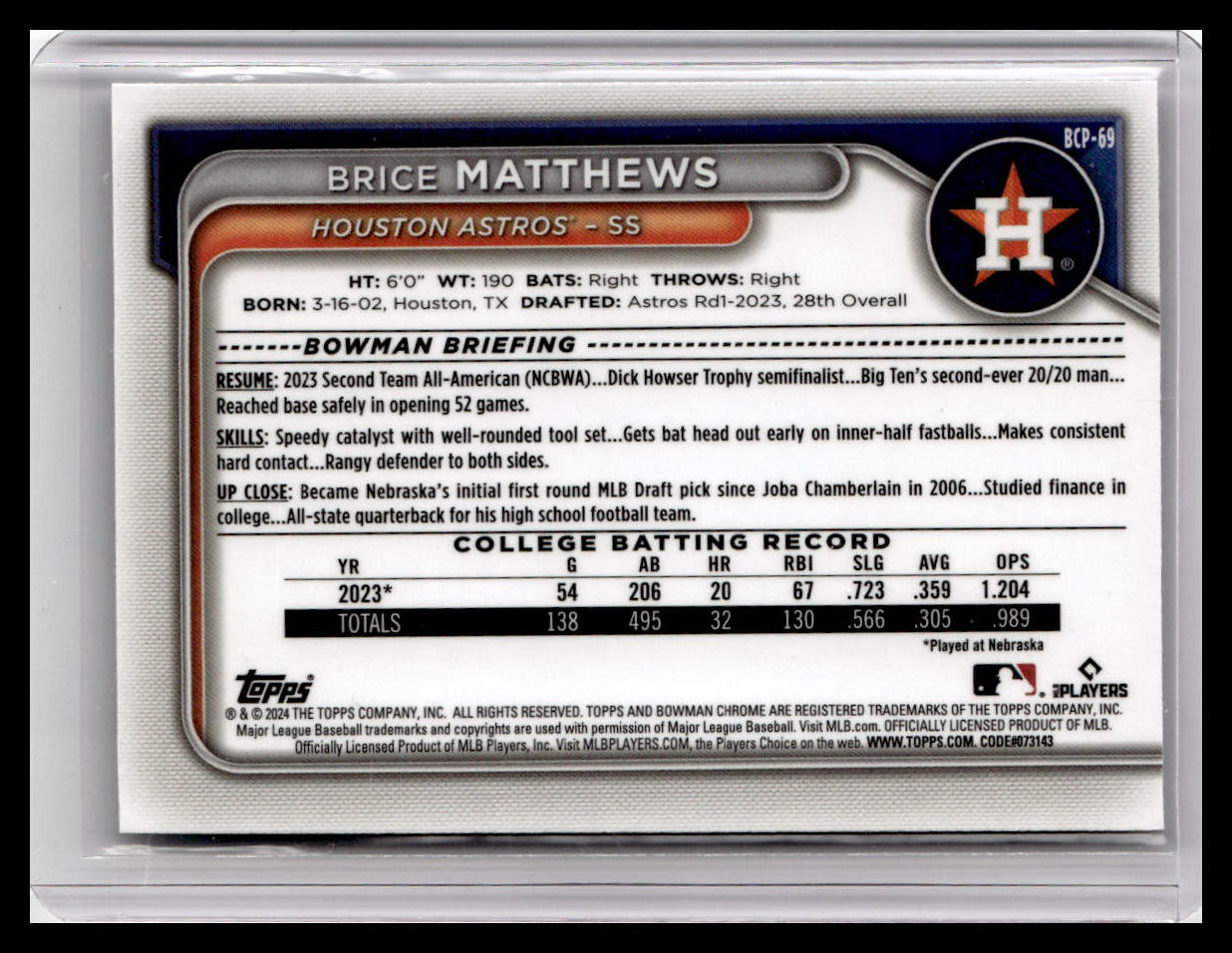 2024 Bowman #BCP-69 Brice Matthews Chrome Prospects 1st Bowman