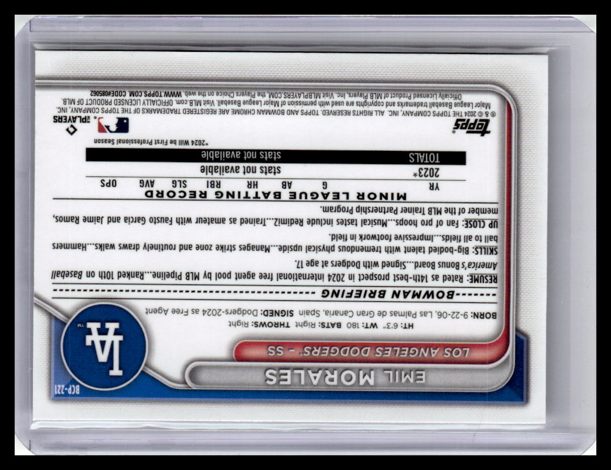 2024 Bowman Chrome #BCP-221 Emil Morales Prospects 1st Bowman