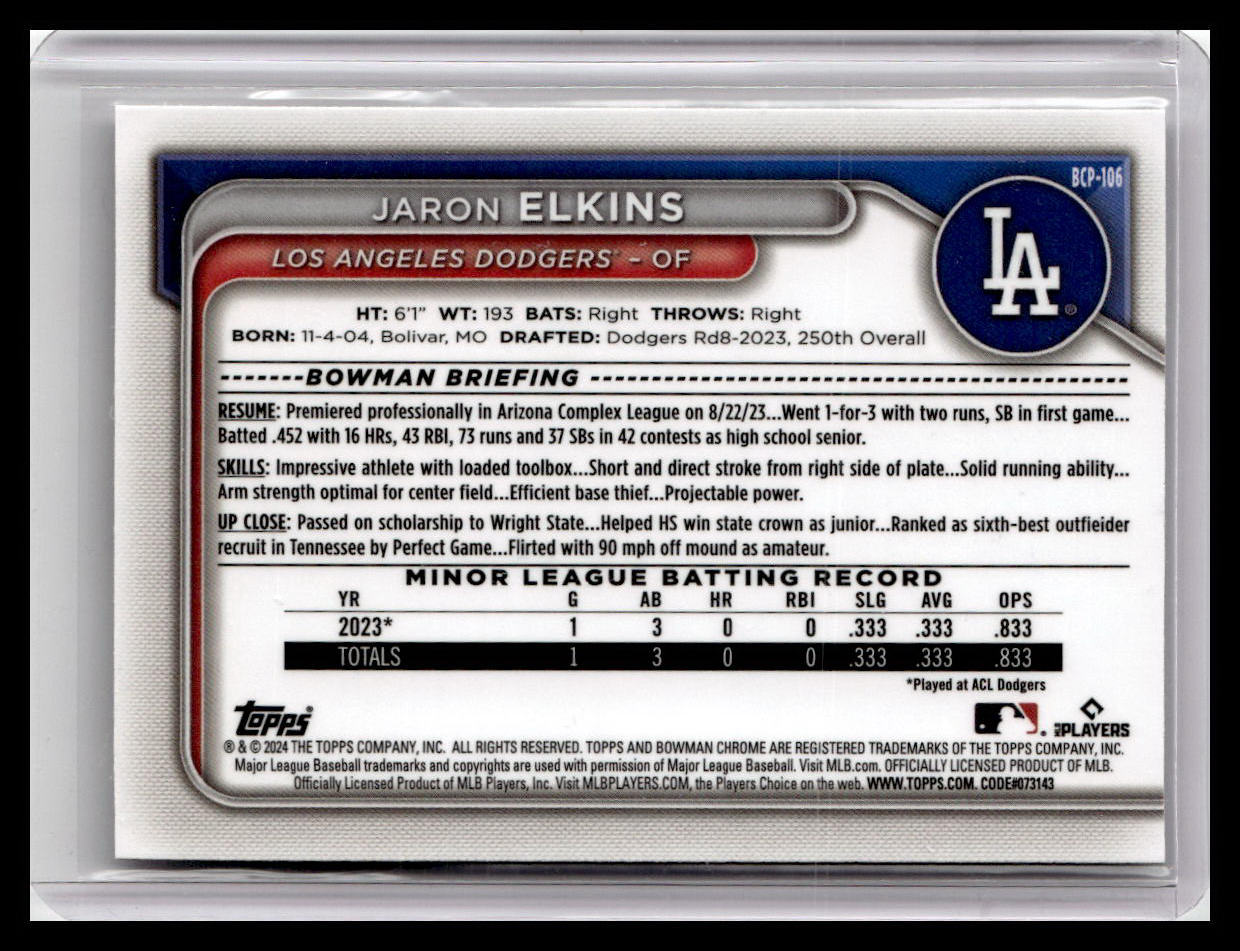 2024 Bowman #BCP-106 Jaron Elkins Chrome Prospects 1st Bowman